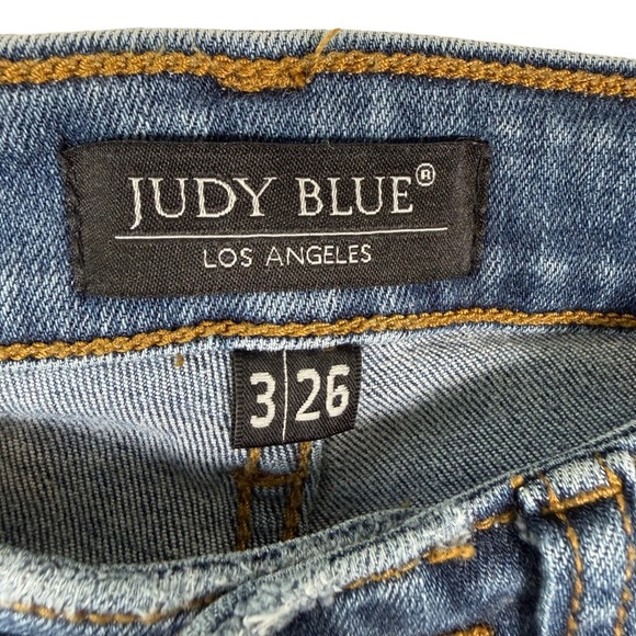 Judy Blue Denim - Judy Blue Mid Rise Distressed Skinny Jeans Dark Wash Raw Hem JB82138DK Size 3/26